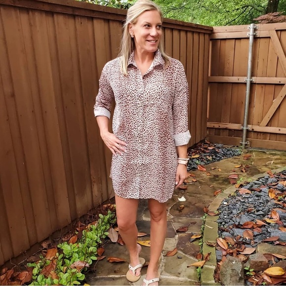 Cheetah Print Button Down Mini Shirt Dress Collared Long Sleeve Brown Small - Picture 3 of 8